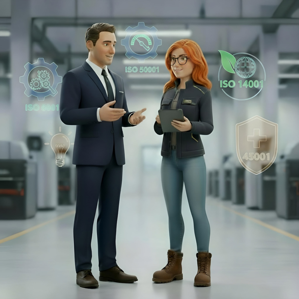 Managementsystem Beratung - Geschäftsführer spricht mit Analyze HSE Mitarbeiterin die ein Tablett für die Bestandsaufnahme in der Hand hat über, ISO 9001, ISO 14001, ISO 45001, ISO 50001 & Emas